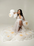 MQTIME  -  Elegant White Maternity Wedding Dress Giant Organza Flowers for Pregnancy Photoshoot Luxury Bridal Gown, Long Train Plus Size