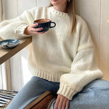 MQTIME  -  Women Casual Oversized Knit Sweaters Fall Winter Long Sleeve Round Neck Solid Color Pullovers Loose Fit Jumper Knitwear Tops