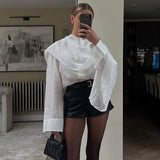  MQTIME  -  Casual Loose White Shawl Shirts Women O-neck Long Sleeve Single Breasted Shirt Female 2026 Spring Lady Elegant Commute Tops