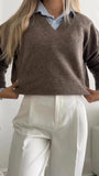  MQTIME  -  Elegant Solid V-neck Sweater For Women Autumn Winter Classical Knitted Pullover Long Sleeve Lady Street Simple Basic Jumper
