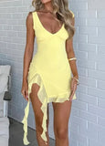 MQTIME  -  Summer Sexy Girl V-Neck Solid Mesh Tassel Mini Dress New Style Fashion Slimming Sweet Asymmetrical Ruffled Dresses for Women