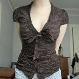 MQTIME  -  French lace up bow polka dot breasted short top with retro style, pleated waist, slimming effect, versatile short sleeved shirt