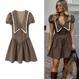  MQTIME  -  Women Fashion Plaid Short Dress Summer Autumn New Short Sleeve Deep V neck Mini Dress Holiday Casual Dresses