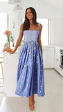 MQTIME  -  Strap Long Dress Summer Wrapped Embroidery Dress A-line Sunflower Design Ruffled Midi Length Vestidos Boho Robes