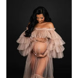 MQTIME  -  Dusty Pink See Thruough Maternity Dresses  Tiered Tulle Off Shoulder Sheer Maternity Photography Dress Baby Shower