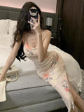 MQTIME  -  Woman Dress Mesh Patchwork Sleeveless Slash Neck Slim Backless Split Elegant Party Dresses Female Summer Fashion
