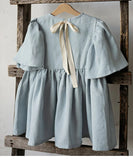  MQTIME  -  Summer Retro Linen Loose Flared Sleeve Dress Girls New Solid Color Cotton And Linen Casual Back Bow Tie Princess Dresses
