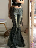  MQTIME  -  American High Street Spice Girl Black Lace Strap Lace-up Denim Flared Pants Slim-fit Split Low Waisted Jeans Women