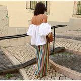 MQTIME  -  Rainbow Color Knitted Striped Pants Women Wide Leg Hollow Out Striped Loose Trousers 2025 Autumn Fashion Vacation Street Pants