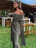 MQTIME -  Fashion Sexy Solid Off Shoulder Midi Dress For Women Elegant Chic Slash Neck Long Sleeve Dresses Female Evening Party Club Robes