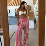 MQTIME  -  Rainbow Color Knitted Striped Pants Women Wide Leg Hollow Out Striped Loose Trousers 2025 Autumn Fashion Vacation Street Pants