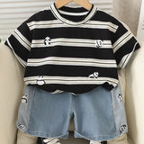 MQTIME  -  2Piece Sets Summer Toddler Boy Outfits Korean Fashion Stripe Cartoon Short Sleeve Baby Tops+Denim Shorts Kids Clothes BC2129