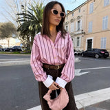 MQTIME  -  Vintage Pink Striped Women Casual Single Breasted Shirts Loose Turn-down Collar Shirt Fashion Spring Female Shirts