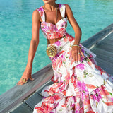 MQTIME  -  Ladies Fashion V Neck Sling Top + Long Skirt Suit 2025 New Vacation Floral Print Two-piece Set Elegant Off Shoulder Party Outfit