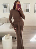 MQTIME  -  Pleated Tassel Slim Maxi Dress For Women Patchwork Lace-Up Elegant Fashion Solid Bandage Autumn Dress Female Party Dress