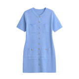MQTIME  -  Elegant Knitted Short Dresses Women Solid Single Breasted Mini Dress Short Sleeve Pocket Slim Hip Vestidos 2025 Lady Fashion New