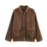 MQTIME  -  Women Elegant Suede Brown Bomber Jackets Fashion Ladies Casual Loose Outfits for Vintage Female Chic Clothes Cute