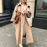 MQTIME  -  Fashion Causal Light Tan Autumn Winter Trench  Windbreaker Split Joint Elegant Long Sleeve Coat Plaid Long Women Coat with Belt