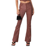  MQTIME  -  Women PU Leather Long Pants Solid Color High Waist Bell Bottom Trousers for Party Fashion Streetwear