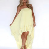 MQTIME  -  Yellow Ruffle Edge Design Summer Dress Simple Backless Hollow Out Beach Dress Sexy Strapless Pleated Irregular Woman Long Dress