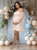  MQTIME  -  Maternity Dresses for Photo Shoot Baby Shower Off Shoulder Long Sleeves Ruffles Tulle Bridal Prom Gown Women Pregnant Robe