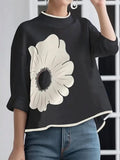 MQTIME  -  2024 New Women Fashion Flower Printed High-Low T-Shirts Spring Summer Stand Collar Casual Elegant Pullover Tops