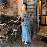 MQTIME  -  Vintage Single Breasted Denim Dress Women Suspender V-neck Sleeveless Pockets A-line Long Dresses 2024 Summer Female Casual Robe