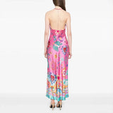 MQTIME  -  Sexy V Neck Backless Halter Long Dress Summer New Elegant Ladies Evening Party Dress Fashion Animal Print Sleeveless Satin Dress