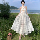 MQTIME  -  New Fairy White Holiday Dress Temperament Flower Hanging Strap Neck Dress Sexy Beach Vacation Long Dress Vestidos Femininos