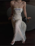MQTIME  -  Gentle Floral Embroidery Strapless Maxi Dress Summer Slim Bodice Women Sheer Patchwork Vacation Wedding Guest Evening Long Dress