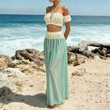 MQTIME  -  Simple Solid Bikini Cover Up Outfit Summer Beach Exposed Navel Women's Two Piece Sexy Strapless Top with Long Skirt Holiday Suit
