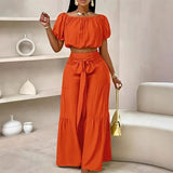 MQTIME  -  Fashion Streetwear Tie Up Commuter Outfit New Summer Solid Loose Two Piece Women's Casual Short Sleeve Top + Wide Leg Pants Suit