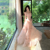 MQTIME  -  Sweet Pink Tulle Maxi Dress Women Summer Spaghetti Strap Ruffle Layered Long Dress Female Elegant Beach Vacation Party Dresses