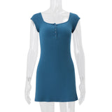  MQTIME  -  American Y2k Summer Sexy Square Collar Short Sleeve Slim Solid All Match Knitted Dresses