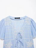 MQTIME  -  Women's Light Blue Embroidered Tie Front Blouse Elegant V Neck Puff Sleeve Ruffle Hem Top Ladies Daily Streetwear Shirt