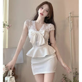 MQTIME  -  Celebrity Girl Sexy Dresses Fake Two Pieces Perspective Lace Splicing Short Sleeve Ruffle Edge Hip Wrap Dress Tide