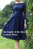 MQTIME  -  Navy Lace Mother of the Bride Dresses Boat Neck Three Quarter Sleeves Ziper Back Tea Length Wedding Party Dresses