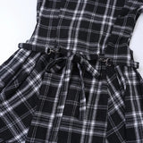 MQTIME  -  Gothic Dark Style Plaid Turn Down Collar Short Sleeve Single Breasted Vintage Ropa Mujer