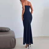 MQTIME  -  Trendy Skinny Metal Buckle Hollow Out Party Gown Sexy Strapless Twist Solid Evening Dress Elegant Lady Sleeveless One-piece Robe