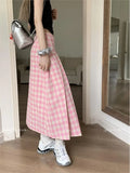 Mqtime Pink Plaid Pleated Skirts Women Summer Sweet A-line Fashin Skirts Female High Waist Zipper Loose Long Skirts New Streetwear