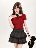 MQTIME  -  Plaid Mini Skirt Women Lace Patchwork High Wasit Ball Gown Skirts with Bow Korean Fashion Preppy Style Uniform Clothes