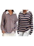 MQTIME  -  Women s Striped Long Sleeve T-shirt with Turn-down Collar Perfect for Casual Daily Wear in the Fall Season Streetwear Style