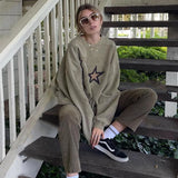 MQTIME  -  American retro style gray green star loose individuality versatile street round neck sweatshirt new autumn and winter
