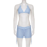 MQTIME  -  Women Solid Vacation Beach 2 Piece Set Lace Up Bra + Briefs + Shorts Summer Holiday Bikini Suits Night Clubwear Outfits