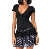 MQTIME  -  Women Dot Print Summer Dress Slim Deep V Neck Short Sleeve A-line Mini Layered Ruffle Dresses