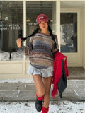 MQTIME  -  Womens Scoop Neck Knit Pullover Indie Sleaze Boho Nostalgia Aesthetic Long Sleeve Jumper Top Variegated Horizontal Striped Indigo Blue Rust Camel Sand Fuzzy Mohair Blend Dropped Shoulder Slouchy Relaxed Drape For A