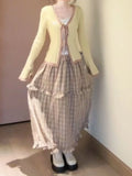  MQTIME  -  French-style Vintage 2 Piece Set Faux Two-piece Knitted Cardigan + Plaid High-waist Skirt Women New Winter Fashion Outfits