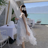 MQTIME  -  Seaside Holiday Chiffon Strap Dress 2024 New Beach Dress Fairy First Love Irregular Cake Dress Fairy Long Dress