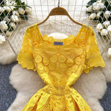 MQTIME  -  Summer Elegant Hollow Out Embroidery Lace Long Dresses Women Holiday Short Sleeve Flower Retro Evening Party Female Vestidos