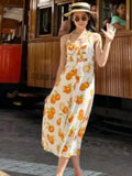  MQTIME  -  Casual Print Halter Dress Women Elegant V-neck Sleeveless Backless High Waist Loose Midi Dresses Summer Lady Vacation Robe